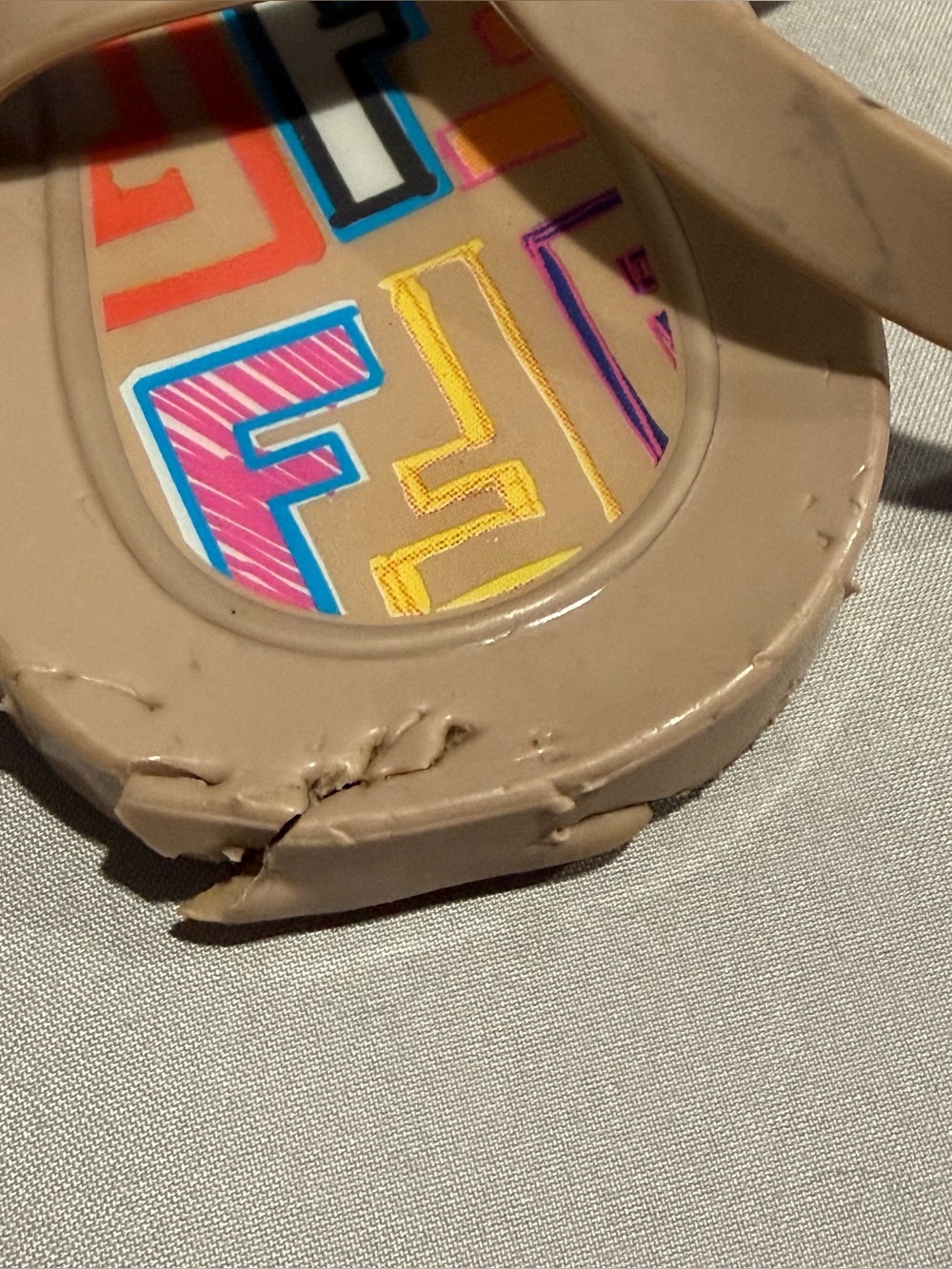 Fendi Nude Beige T-Strap Sandals with Multicolor Logo Inlay - Picture 4 of 5